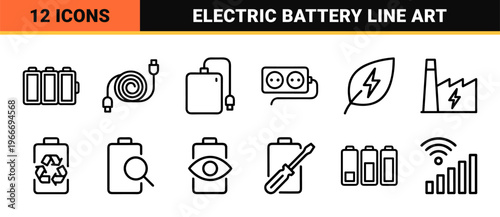 Minimalist monoline battery energy and power charging icon set featuring geometric line art symbols for electric utility and storage.