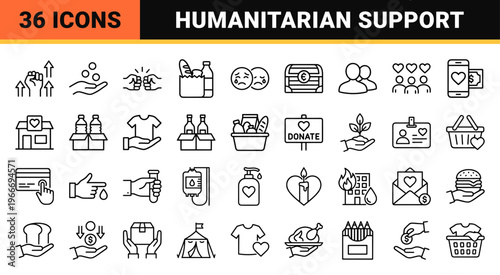 Humanitarian Aid and Global Charity Minimalist Monoline Icon Set Featuring Philanthropy, Donation, and Non-Profit Geometric Line Art.