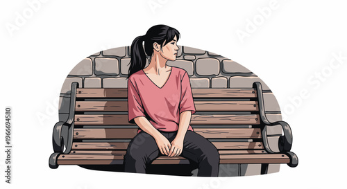 Young woman with dark hair in a ponytail sits on a wooden park bench