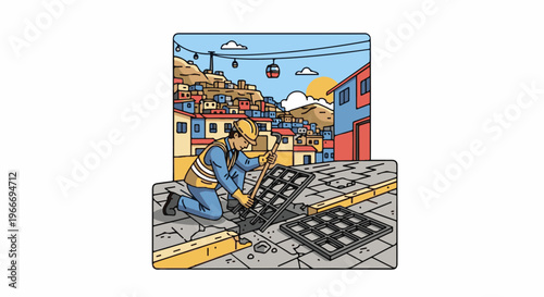 Worker repairs street grate in colorful hillside neighborhood with cable cars