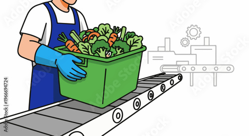 Worker places crate of fresh vegetables onto a processing conveyor belt