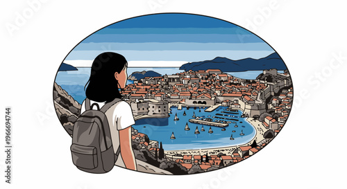 Woman with backpack observes ancient coastal city with boats in harbor