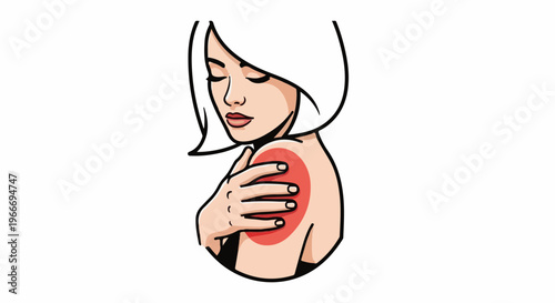 Woman with hand on shoulder, showing red pain indication