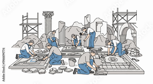 Workers restore ancient ruins, laying mosaic tiles amidst stone debris