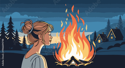 Woman with hair bun enjoys a campfire at dusk near houses and trees