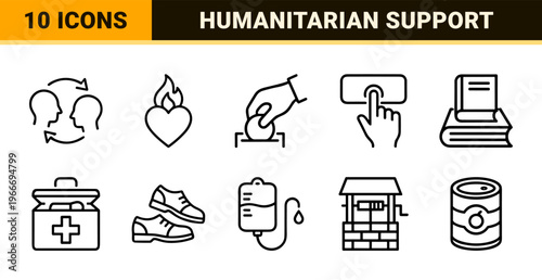 Humanitarian Aid and Charity Donation Line Art. Minimalist monoline geometric symbols for non-profit organizations and social support.