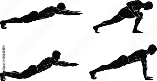 Silhouette set of male athlete performing bodyweight exercises including plank variations and lunges for fitness training and strength workout conceptsh