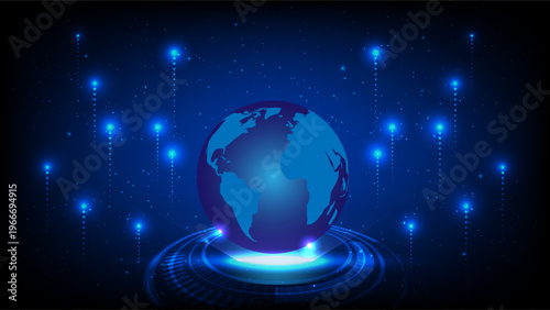 Abstract digital globe with glowing data lights and futuristic interface representing global technology network