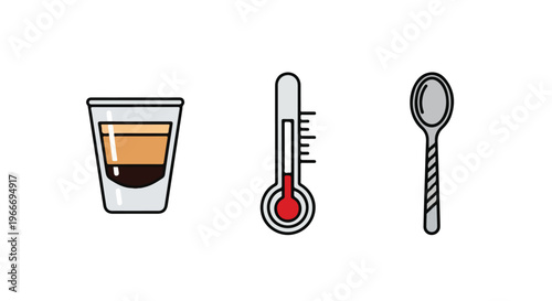Flat lay illustration of a disposable coffee cup, thermometer, and spoon on a white background.