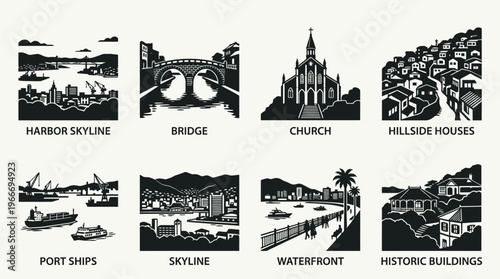 Nagasaki Landmarks and Hillside Harbor Silhouette Vector Icon Set – Elegant Vectors Featuring Port Ships, Historic Churches, Bridges, and Waterfront Views in Minimalist Black Profiles