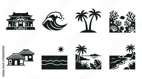 Okinawa Landmarks and Tropical Nature Silhouette Vector Icon Set – Peaceful Vectors Featuring Traditional Houses, Waves, Palm Trees, Coral Reefs, and Coastal Views in Minimalist Black Profiles