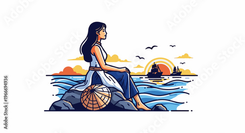Woman on rocks by sea with sailboats at sunset