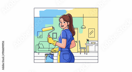 Woman painting room with roller and bucket