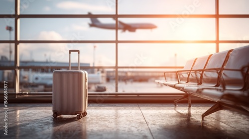 Luggage on airport terminal floor with airplane taking off in background