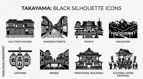 Nagasaki Landmarks and Hillside Harbor Silhouette Vector Icon Set – Elegant Vectors Featuring Port Ships, Historic Churches, Bridges, and Waterfront Views in Minimalist Black Profiles