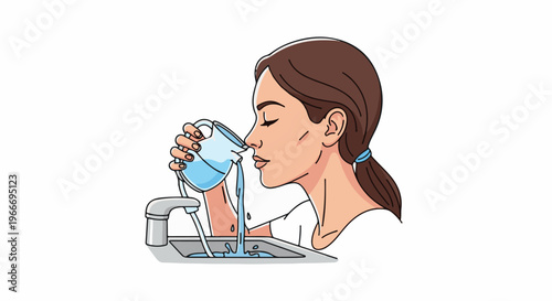 Woman pours water from a pitcher into a sink with a faucet and running water