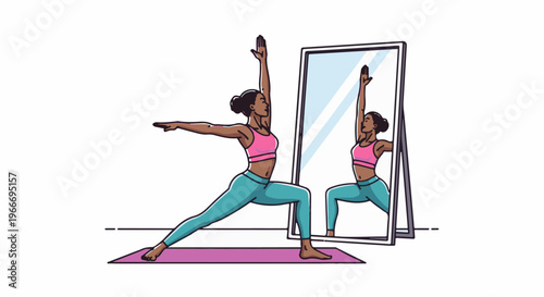 Woman practicing yoga warrior pose in front of a mirror