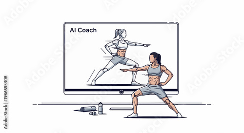 Woman performing yoga pose mirrored on screen by AI coach