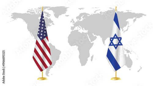USA and Israel stand flags on world map background. Symbolic of diplomatic relations, unity, and strategic partnership. 3D rendered international concept design.