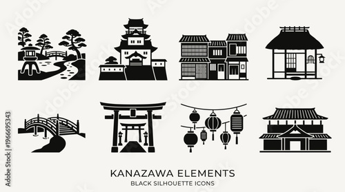 Kanazawa Landmarks and Traditional Architecture Silhouette Vector Icon Set – Elegant Vectors Featuring Kenrokuen Garden, Kanazawa Castle, Tea Houses, Lanterns, and Bridges in Minimalist Black Profiles