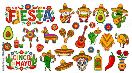 Vibrant Mexican Fiesta Cinco de Mayo Vector Set. Cartoon Icons, Sombreros, Tacos, Pinatas for Party Marketing.