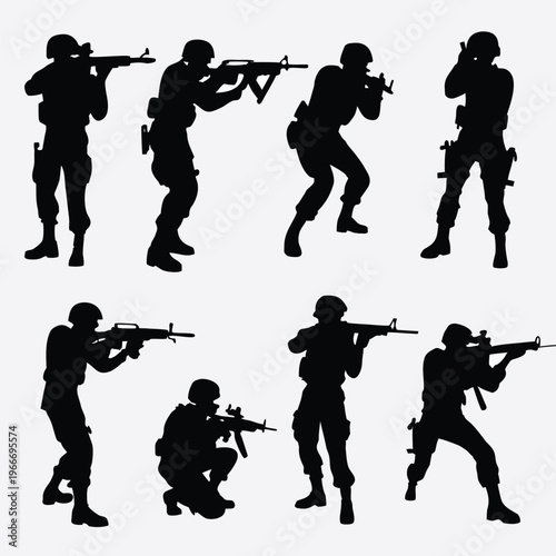 Professional army soldiers in tactical gear aiming rifles and pistols depicting security and defense forces