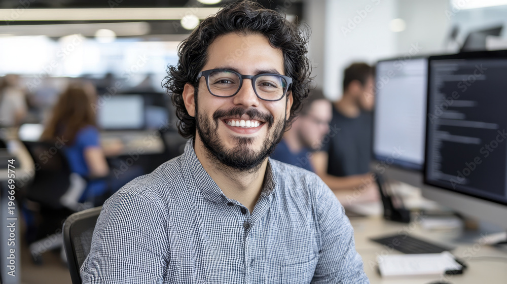 Obraz premium Smiling man in modern office setting, wearing glasses and checkered shirt, exuding confidence and positivity