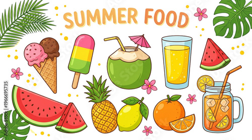 Refreshing Summer Food and Drinks Cartoon. Tropical Fruits, Ice Cream, Popsicle, Watermelon for Web and Social Media