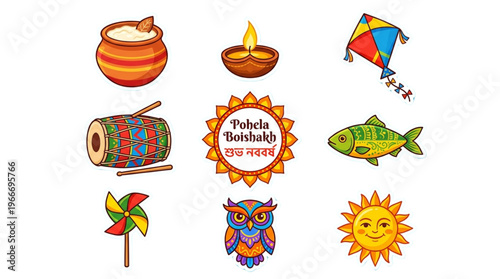 Vibrant Pohela Boishakh Icons Set. Bengali New Year Celebration Symbols for Cultural Marketing, Web Design, and Event Promotion.
