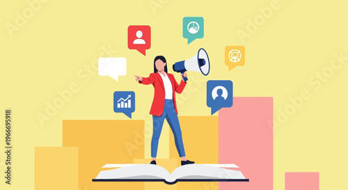 Woman announcing with megaphone data charts and open book on transparent background silhouette