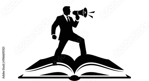 Business leader announcing from atop an open book on transparent background silhouette