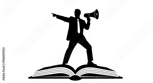 Business leader announcing from atop an open book on transparent background silhouette