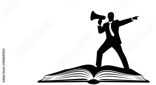 Man announcing with megaphone atop an open book silhouette on transparent background