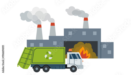 Garbage truck and industrial waste pollution concept. Illustration of environmental damage and waste management issues.