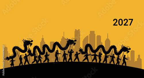 Chinese dragon dance performance with cityscape and 2027 on transparent background silhouette