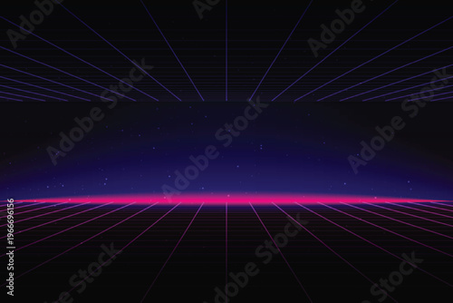 Retro cyberpunk style 80s game scene pixel art 8-bit sci-fi background. glowing neon grid and stars from vintage arcade computer games.