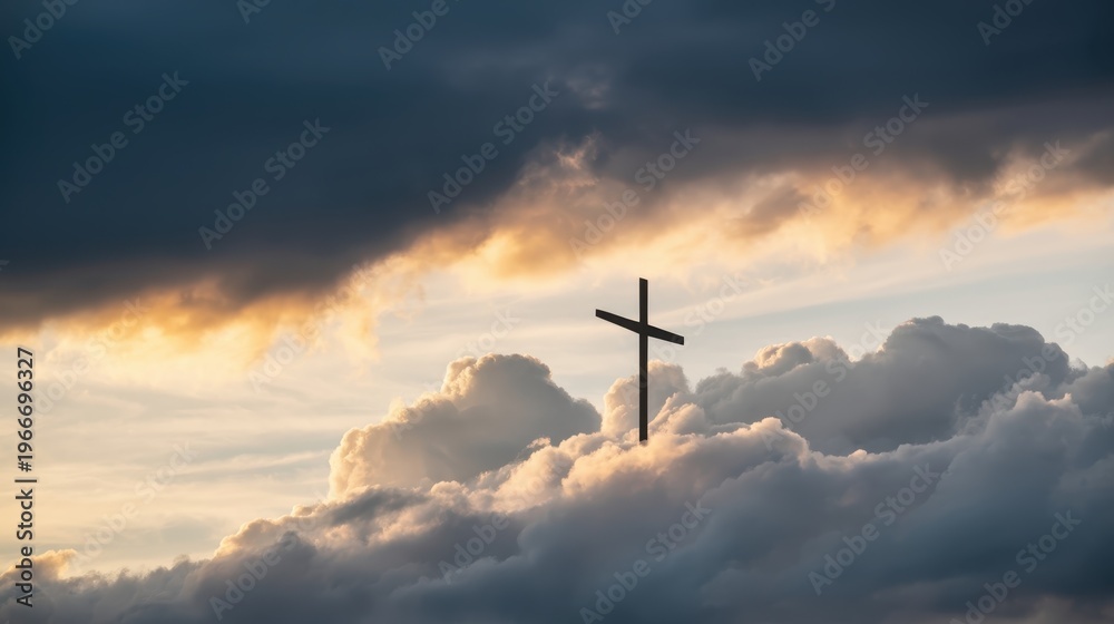 Obraz premium Christian cross silhouette rising above dramatic clouds at sunset, symbolizing hope, spirituality, and faith against a dark, stormy sky