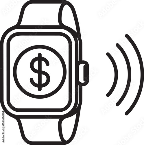 Smartwatch displaying dollar sign and emitting wireless waves representing secure wearable mobile technology for cashless checkout line vector