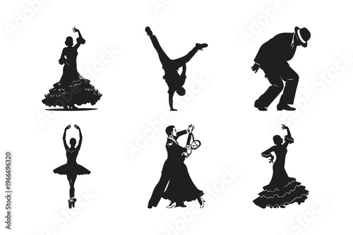 Elegant dancing silhouette set bundle including flamenco and tango.