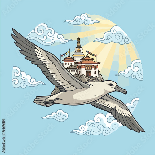 Seagull flying over temple.