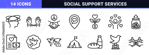Humanitarian Charity and Social Aid Icon Set: Minimalist Monoline Geometric Line Art for Non-Profit and Philanthropy UI Design