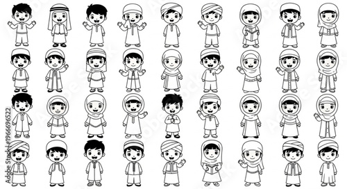 Collection of cartoon characters in traditional Arab attire.