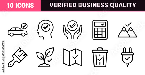 Verification and Approval Line Art: Minimalist monoline check mark symbols for quality assurance, business compliance, and interface status.