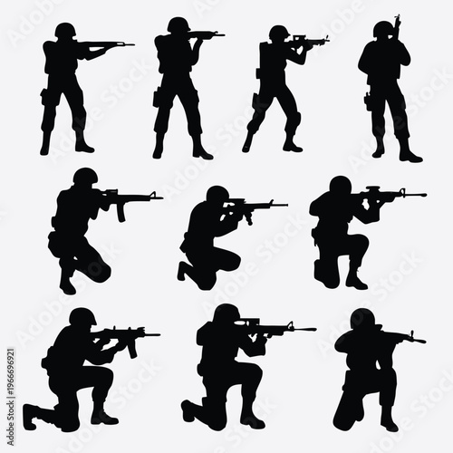 Collection of detailed military soldier silhouettes in various combat action poses with rifles