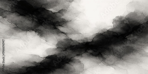 Dramatic black and white storm clouds and dark abstract smoke drift through a moody night sky filled with misty fog and heavy weather