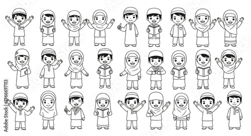 Collection of cartoon characters in traditional attire, line art.