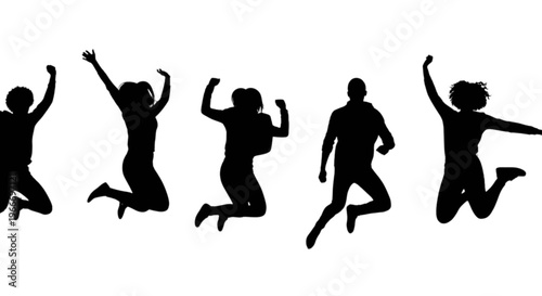 Silhouettes of people jumping in the air with joy and excitement