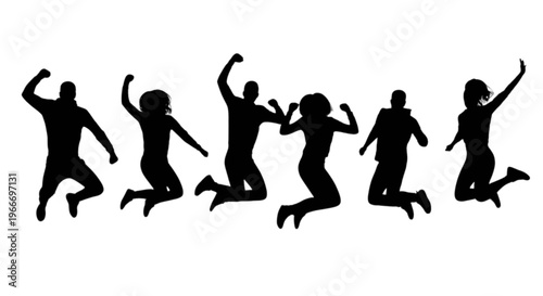 Silhouettes of people jumping in the air with joy and excitement
