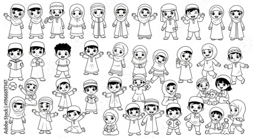 Collection of cartoon characters in traditional attire, various poses.