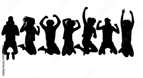 Silhouette of a group of people jumping in the air with joy and excitement
